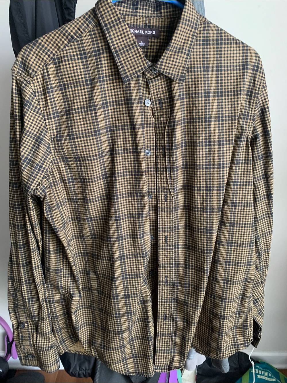 Michael Kors Men's Tan and Black Plaid Button-Down Shirt
